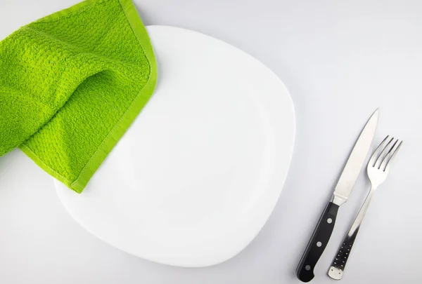 Top View Empty White Food Plate Fork Knife — Stock Photo, Image