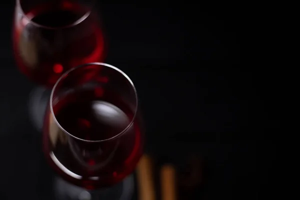 top view of red wine glasses on table