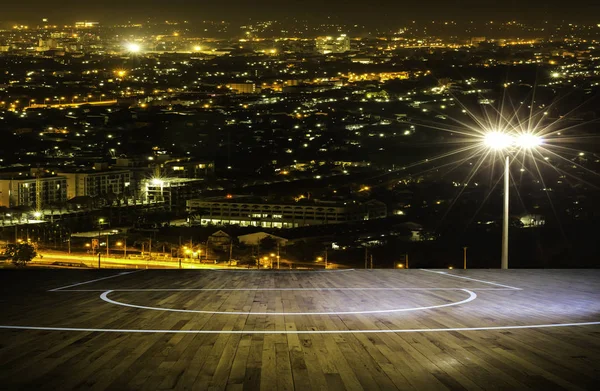 Dřevěná Podlaha Basketbalové Hřiště Výhledem Panoráma — Stock fotografie