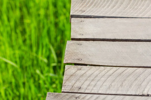 Wooden board on the green grass — Stock Photo, Image