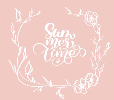 Elle çizilmiş yaz çiçek dekoratif çelenk doodle kroki yazı vektör logosu illusrtation, Modern beyaz harflerle hat zamanla. Hisse senedi illüstrasyon vektör