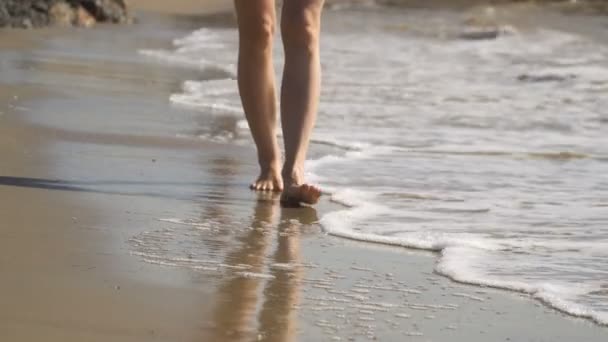 Güzel kadın bacakları, kum plaj boyunca çalıştırın. Suda yürüme — Stok video
