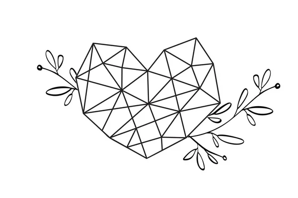Αγάπη γραφικών γεωμετρία άνθους καρδιά σε ξύλινο πλαίσιο. Διάνυσμα φύλλα και άνθη στο χαριτωμένο σύντομο χρονογράφημα που απομονώνονται σε μαύρο φόντο. Γάμο, διακοσμήσεις St. ημέρα του Αγίου Βαλεντίνου Daystyle — Διανυσματικό Αρχείο