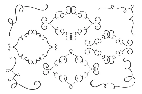 Cadre ensemble, coin dessiné à la main fleurissent éléments de calligraphie. Illustration vectorielle sur fond blanc — Image vectorielle