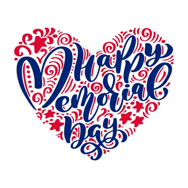 Vector Happy Memorial Day card. Calligraphy text in heart. National american holiday illustration. Festive poster or banner with hand lettering