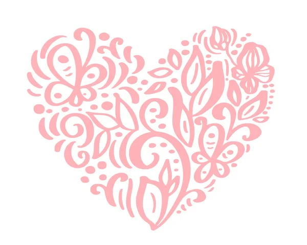 Χέρι συρμένο καρδιά αγάπη Αγίου Βαλεντίνου λουλούδια διαχωριστικό. Καλλιγραφία Design στοιχεία χλωρίδας. Vintage γάμος εικονογράφηση φορέα απομονωμένη στο πλαίσιο λευκό φόντο, καρδιές για το σχέδιό σας — Διανυσματικό Αρχείο