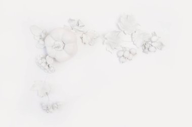Çerçeve mockup beyaz kabak, çilek ve ahşap sonbahar arka plan yapraklarda. Rustik tarzda Şükran günü için tebrik kartı, metin için yer ile. Düz yatıyordu. Üstten görünüm