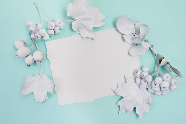 Calabaza, bayas y hojas con marco blanco maqueta sobre un fondo verde pastel otoño Con hoja de papel blanco. Tarjeta de felicitación para el Día de Acción de Gracias en estilo rústico con espacio para su texto. Puesta plana — Foto de Stock