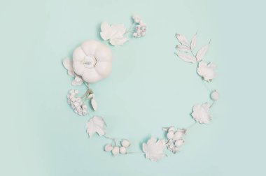 Rustik tarzda Şükran günü için tebrik kartı, metin için yer ile. Çerçeve mockup kabak, çilek ve pastel sonbahar arka planı yeşil yapraklarda. Düz yatıyordu. Üstten görünüm