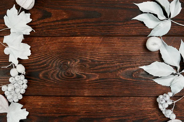 Decoración marco de otoño con hojas blancas y calabaza sobre fondo de madera marrón oscuro plano maqueta de la disposición para su arte, imagen o letras a mano. Composición espacio de copia, vista superior — Foto de Stock