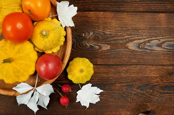 Composizione cornice decorazione autunnale con zucca e rosso, pomodori arancioni su luogo di legno su sfondo di legno marrone scuro piatto lay mockup per la vostra arte, foto o scritte a mano. Copia spazio, vista dall'alto — Foto Stock