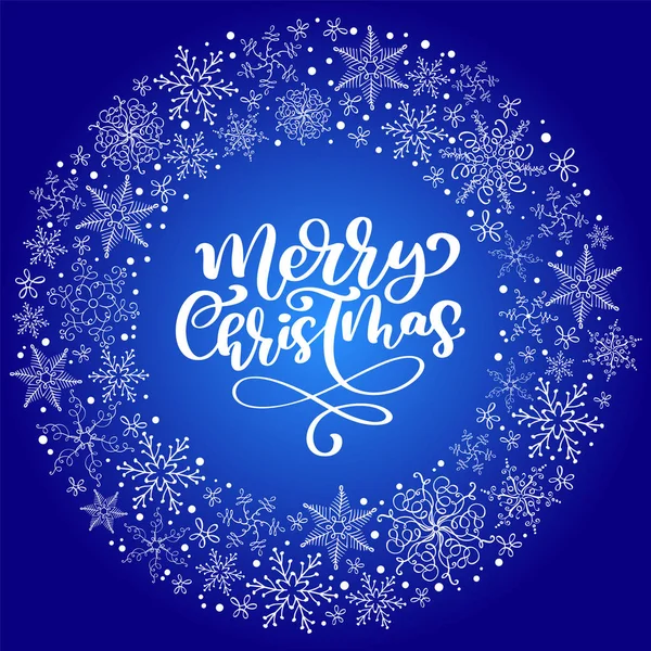 Buon Natale Calligrafia vettoriale testo con fiocchi di neve. Disegno lettering su sfondo blu. Tipografia creativa per poster di auguri natalizi. Stile carattere Banner — Vettoriale Stock