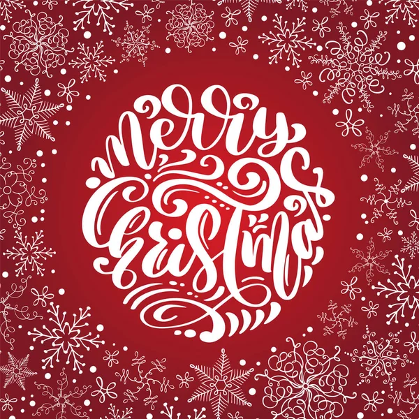 Merry Christmas Calligraphy vector text with snowflakes. Lettering design on red background. Creative typography for Holiday Greeting Gift Poster. Font style Banner — Stock Vector