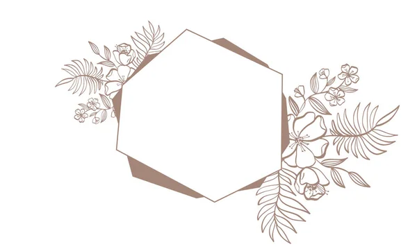 Moldura de convite de casamento marrom geometria para cartão com flores e folhas. ilustração vetorial com lugar para o seu texto — Vetor de Stock