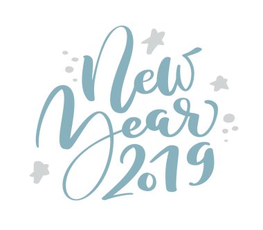 Yeni yıl 2019 mavi Noel vintage hat yazı vektör metin kış İskandinav çizim öğeleri. Fikir kapak sanat tasarım için mockup broşür stili, afiş