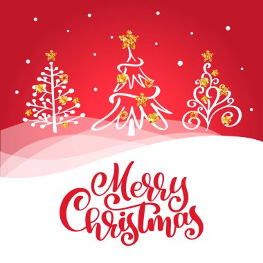 Neşeli Noel kırmızı vintage hat yazı vektör metin tebrik Noel kartı vintage köknar ağaçları ile. Sanat şablon tasarım listesi sayfası için mockup broşürü