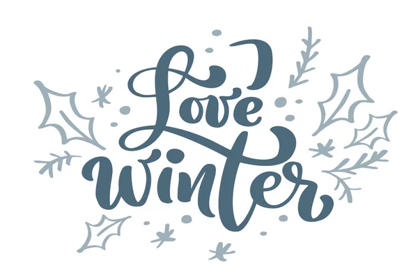 Älska vintern blue Christmas vintage kalligrafi bokstäver vektor text med vintern ritning skandinavisk inredning. För konstdesign, mockup broschyr stil, banner idé cover, häfte ut flyer affisch — Stock vektor