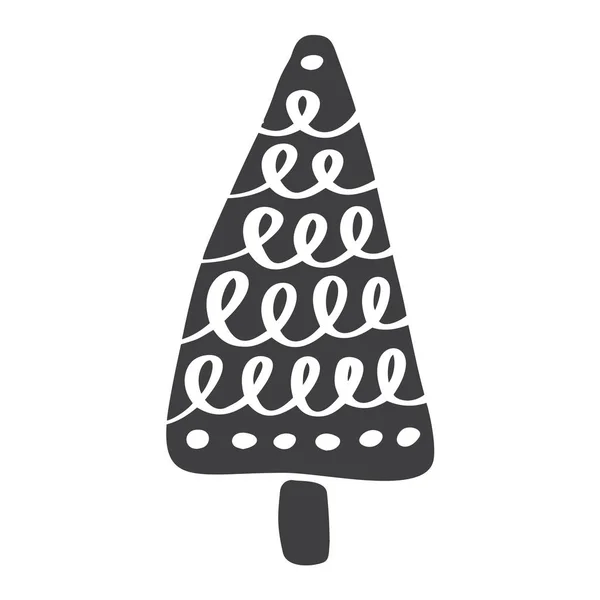 Noel ağacı vektör simge siluet. Basit kontür sembolü. Stilize Ladin beyaz web işareti seti üzerinde izole. Handdraw İskandinav karikatür resmi — Stok Vektör