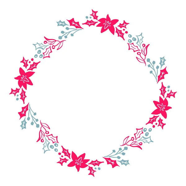 Corona de Navidad Dibujada a Mano rojo y azul Floral Winter Design Elementos aislados sobre fondo blanco para que florezca el diseño retro. Caligrafía vectorial e ilustración de letras — Vector de stock
