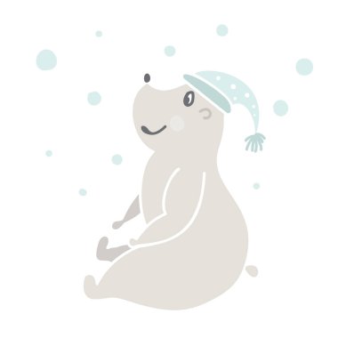 Elle çizilmiş vektör çizim şapkalı, kar ile açık oturma sevimli komik ayı. İskandinav tarzı tasarım. Beyaz arka plan üzerinde izole nesneleri. Kreş çocuk giyim için kavram, yazdırma