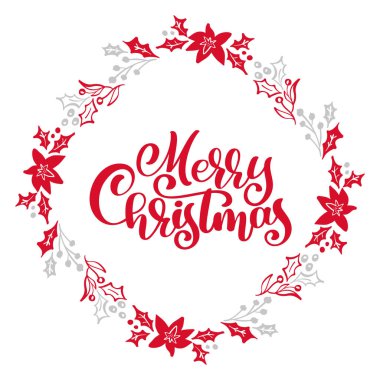 Neşeli Noel hat vektör metninde xmas çiçek çelenk çerçeve. İskandinav tarzı yazı tasarımı. Tatil tebrik hediye Poster için yaratıcı tipografi
