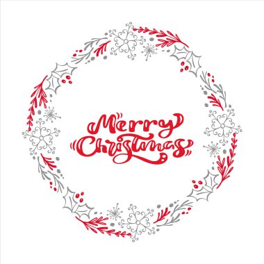 Neşeli Noel hat vektör metninde xmas çiçek çelenk çerçeve. İskandinav tarzı yazı tasarımı. Tatil tebrik hediye Poster için yaratıcı tipografi