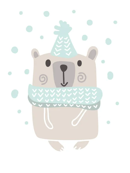 圣诞节斯堪的纳维亚风格的设计。手绘向量插图一个可爱的有趣的熊在消声器, 去散步。白色背景上的独立对象。儿童服装的概念, 苗圃印刷 — 图库矢量图片