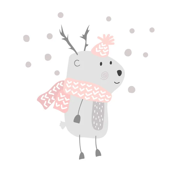 Christmas vektor söt tecknad hjort i mössa och halsduk illustration design. Bambi djur vektor. Merry Xmas gratulationskort — Stock vektor
