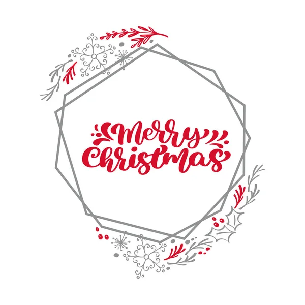 クリスマス花および幾何学的な要素でメリー クリスマス書道ベクトル テキスト フレームの花輪です。レタリングのスカンジナビア風のデザイン。休日の挨拶ギフト ポスターのクリエイティブなタイポグラフィ — ストックベクタ