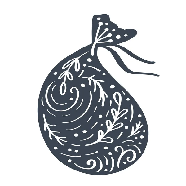 Handdraw skandinaviska jul giftbag vektor ikonen siluett med blomstra prydnad. Enkel gåva kontur symbol. Isolerad på vit webben logga kit av stiliserade spruce bild — Stock vektor