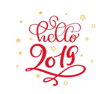 Merhaba 2019 kırmızı Noel vintage hat yazı vektör metin kış ile güzelleşmek kaligrafi ve altın İskandinav yıldız öğeleri. Sanat tasarım için mockup broşür stili