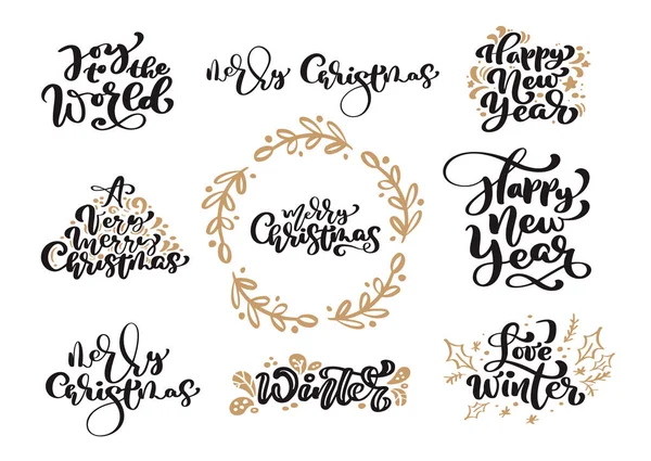 Set de texto vectorial de caligrafía vintage de Feliz Navidad con elementos de diseño escandinavos de dibujo de invierno. Para diseño de arte, estilo de folleto de maqueta, folleto impreso folleto, cartel — Vector de stock