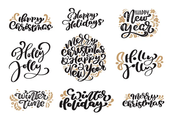 Set von frohen Weihnachten Vintage Kalligraphie Schriftzug Vektor Text mit Winter Zeichnung skandinavischen Design-Elemente. für Kunstdesign, Broschürenattrappe, Broschürenflyer, Plakat — Stockvektor