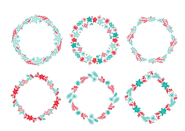 Set de vector Navidad Escandinava Corona Dibujada a Mano Rojo y Azul Floral Winter Design Elementos aislados sobre fondo blanco para que florezca el diseño retro. caligrafía e ilustración de letras — Archivo Imágenes Vectoriales