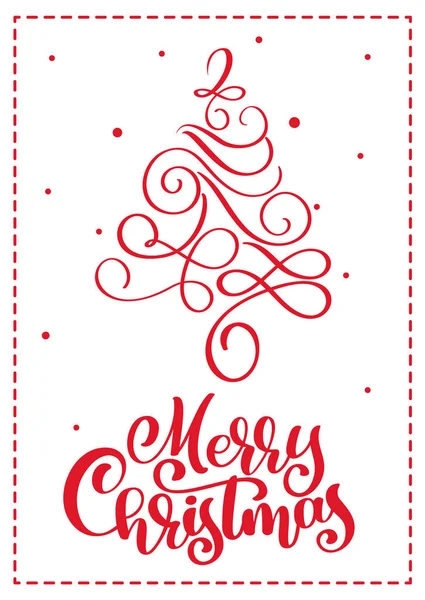 Tarjeta de felicitación escandinava navideña con alegre texto de caligrafía navideña. Ilustración vectorial dibujada a mano del árbol de Navidad vintage. Objetos aislados — Vector de stock