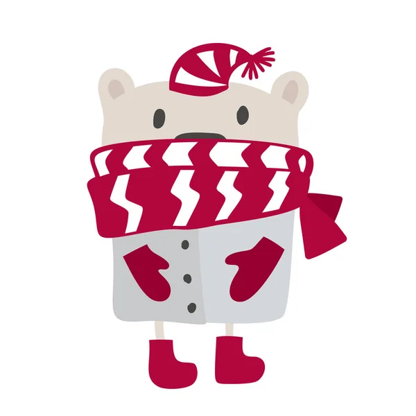 Design scandinave de Noël. Illustration vectorielle dessinée à la main d'un drôle d'ours d'hiver dans un silencieux, allant se promener. Objets isolés sur fond blanc. Concept pour vêtements pour enfants, crèche — Image vectorielle