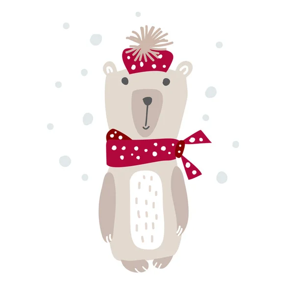 Handgezeichnete Vektor-Illustration eines niedlichen lustigen Bären in einem Schalldämpfer. Weihnachten skandinavischen Stil Design. isolierte Objekte auf weißem Hintergrund. Konzept für Kinderbekleidung, Kinderzimmer Druck — Stockvektor