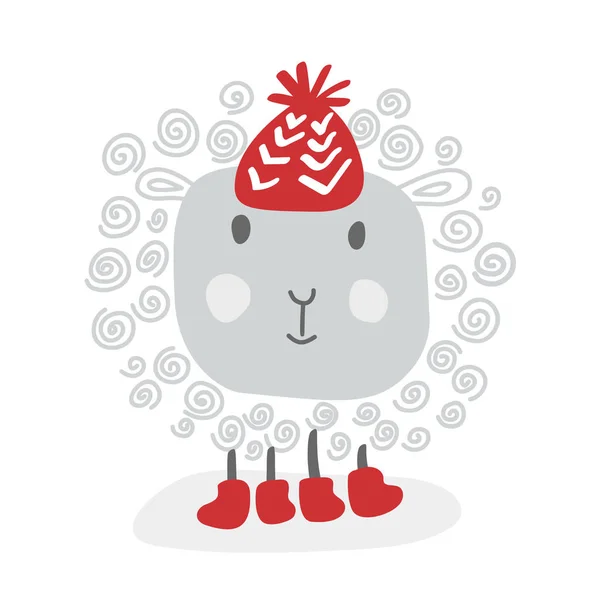 Handdraw grappig vector doodle witte schapen in rode winter hoed, schets voor uw ontwerp. Geïsoleerd op witte achtergrond — Stockvector