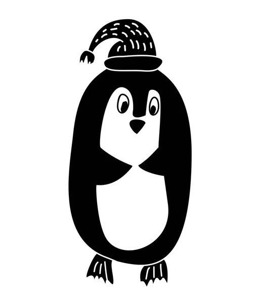 Ręki narysować wektor ilustracja śmieszne pingwina w Czapka. Boże Narodzenie na białym tle z życzeniami skandynawskim stylu — Wektor stockowy
