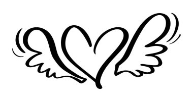 Vektör Sevgililer günü el çizilmiş kaligrafi kalp kanatlı. Tatil tasarım öğesi Sevgililer. Web, Düğün ve yazdırma için simge aşk dekor. İzole hat yazı illüstrasyon