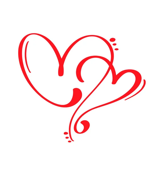 Par röda vektor alla hjärtans dag Hand dras kalligrafiska två hjärtan. Holiday Design element valentine. Ikonen kärlek inredning för webben, bröllop och print. Isolerade kalligrafi bokstäver illustration — Stock vektor