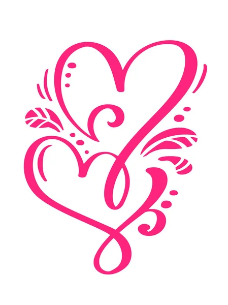 Par röda vektor alla hjärtans dag Hand dras kalligrafiska hjärtan. Holiday Design element valentine. Ikonen kärlek inredning för webben, bröllop och print. Isolerade kalligrafi bokstäver illustration — Stock vektor