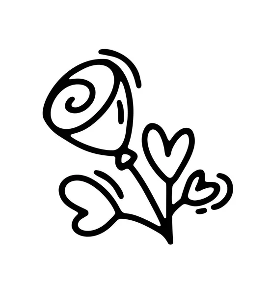 心とベクトル モノライン花。バレンタインの日手描きアイコン。休日スケッチ落書きデザイン植物要素バレンタイン。結婚式や印刷、web の装飾が大好きです。孤立した図 — ストックベクタ