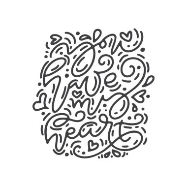 Kalbim var monoline hat ifade vektör. Yazı Sevgililer günü el çekilmiş. Kalp tatil kroki doodle tasarım Sevgililer kartı. dekor web, Düğün ve yazdırma için seviyorum. İzole