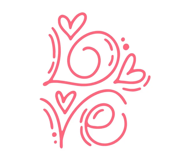 Texto de caligrafia vetorial monolínica Love. Dia dos Namorados Vintage Letras desenhadas à mão. Coração Holiday esboço doodle Design cartão de namorados. decoração de amor para web, casamento e impressão. Ilustração isolada —  Vetores de Stock