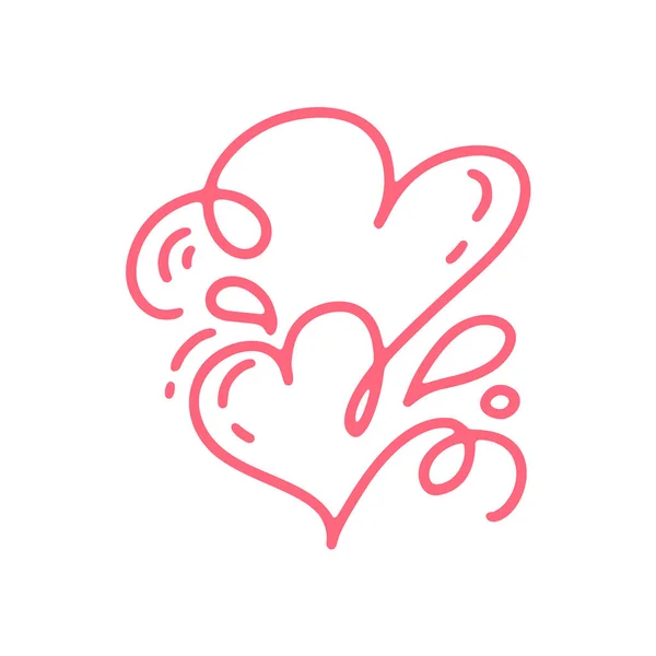 Çift monoline kırmızı vektör Sevgililer günü el çizilmiş kaligrafi iki kalpler. Tatil tasarım öğesi Sevgililer. Web, Düğün ve yazdırma için simge aşk dekor. İzole hat yazı illüstrasyon — Stok Vektör