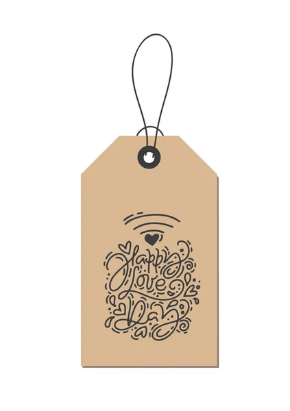 Vector monoline kalligrafie zin Happy Love Day wifi op kraft label. Geïsoleerde Valentines Day Hand Drawn belettering illustratie. Hart schets doodle ontwerp Valentijn kerstkaart. liefde decor voor web — Stockvector