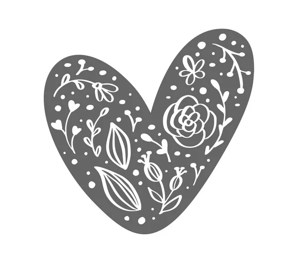 Вручную нарисованное скандинавскими Велентинцами сердце с орнаментом расцветает иконописный силуэт. Векторный контурный символ Валентины. Элемент изолированного дизайна для веб, свадьбы и печати — стоковый вектор