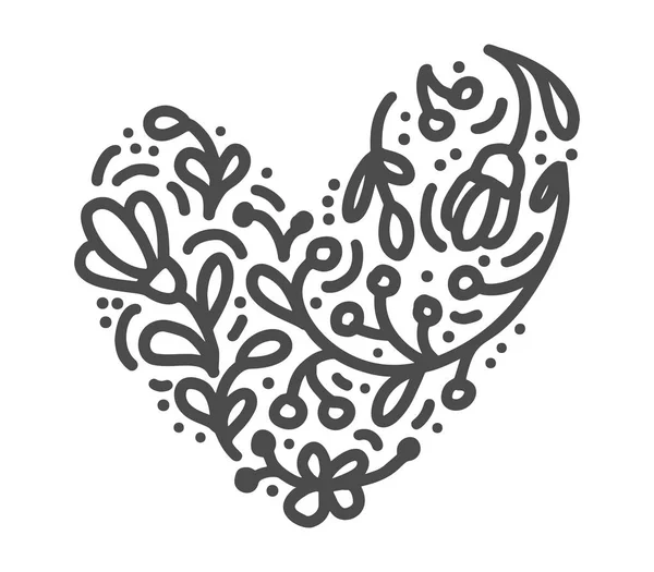 Hand drawn scandinavian Velentines Day heart with ornament flourish icon silhouette. Vector Simple contour valentine symbol. Isolated Design element for web, wedding and print — Stock Vector