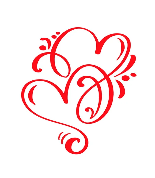 Paar rode Vector Valentines Day Hand getrokken kalligrafische twee harten. Kalligrafie belettering illustratie. Vakantie Design element Valentijn. Pictogram liefde decor voor web, bruiloft en afdrukken. Geïsoleerd — Stockvector